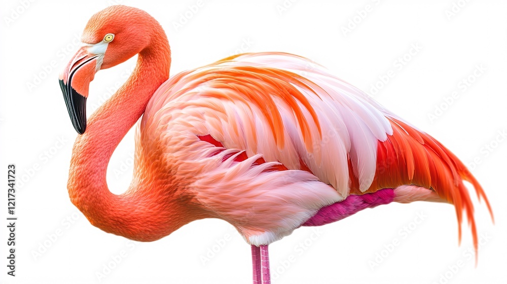 Obraz premium A vibrant pink flamingo standing gracefully, showcasing its flowing feathers against a clean white background.