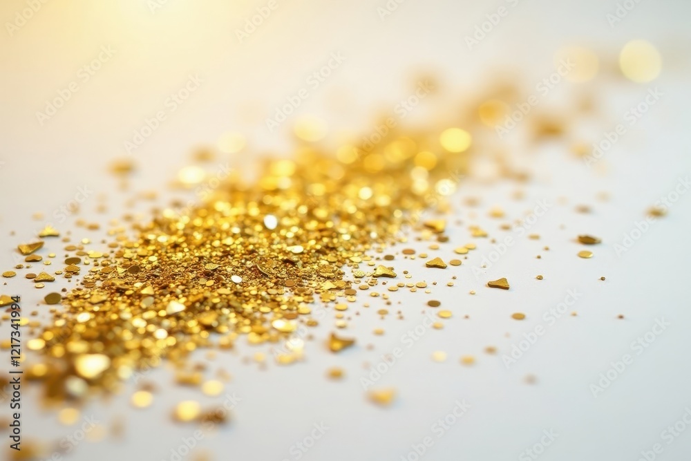 Golden glitter confetti scattered on white surface, sparkling, confetti decoration Golden glitter confetti scattered on white surface, sparkling, confetti decoration