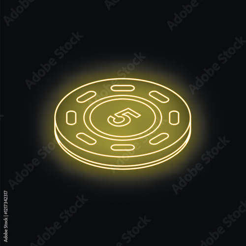 Glowing neon poker chip with number five is showing luck and success in casino games
