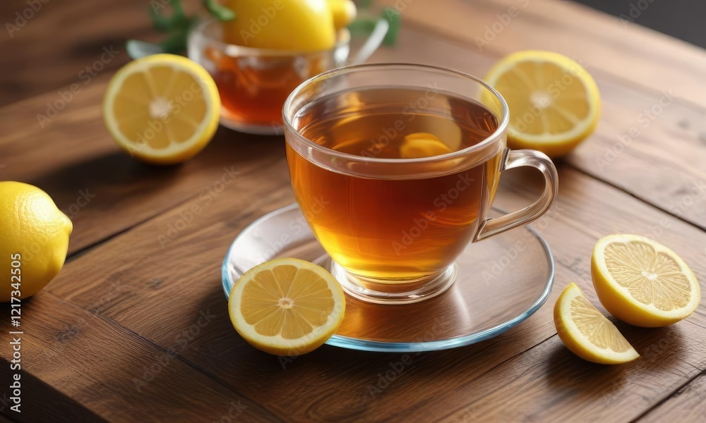 Glass of tea with honey and lemon on a wooden table, glass, tea Glass of tea with honey and lemon on a wooden table, glass, tea