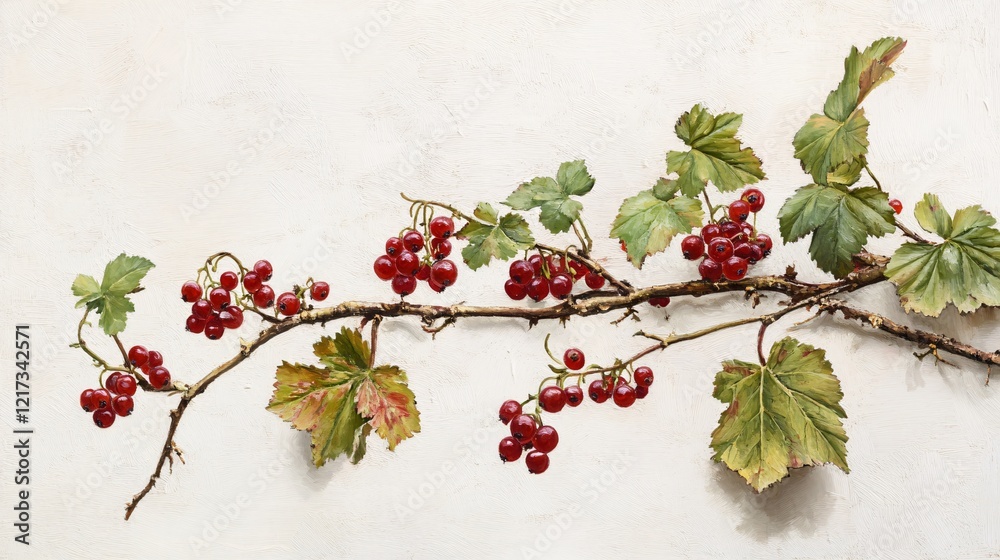 Fototapeta premium Close-up of a vine branch adorned with ripe red currants against a soft, neutral background.