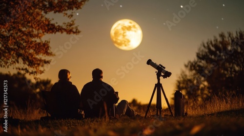 A couple sits on a blanket under the moon, looking through a telescope.