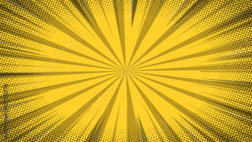 yellow comic zoom background with rays and halftone dots Vector.