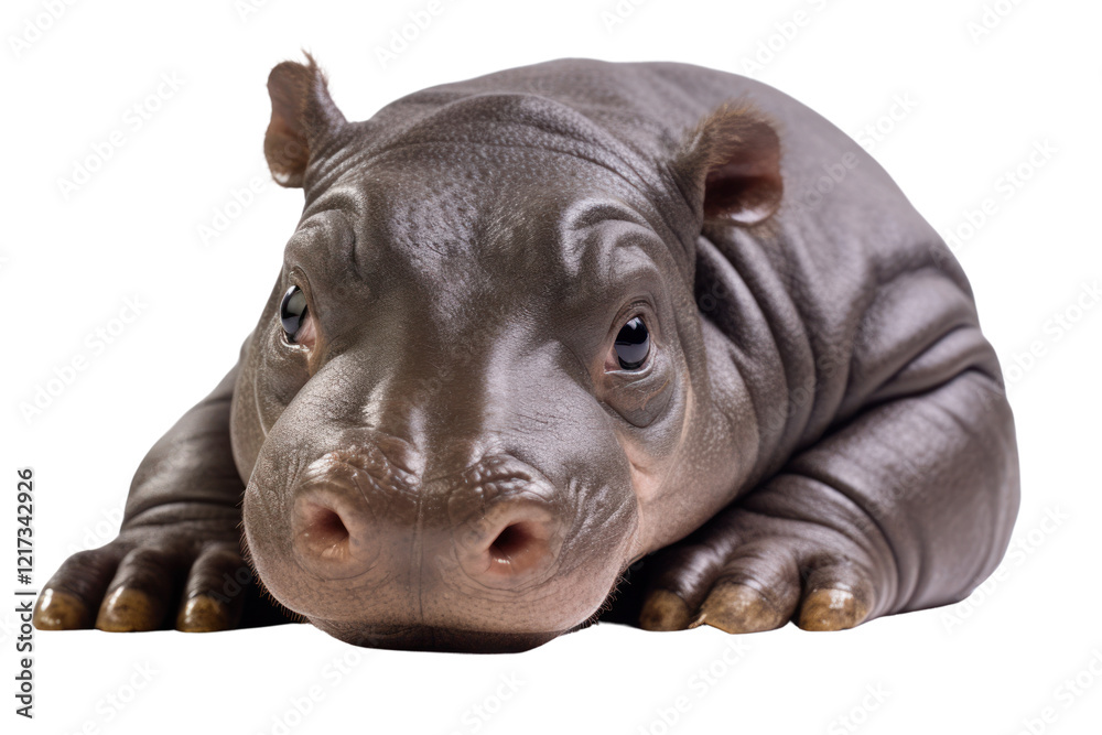 Fototapeta premium Adorable newborn baby hippo lying on its belly, eyes half-open, with soft, wrinkled skin and tiny, rounded ears.