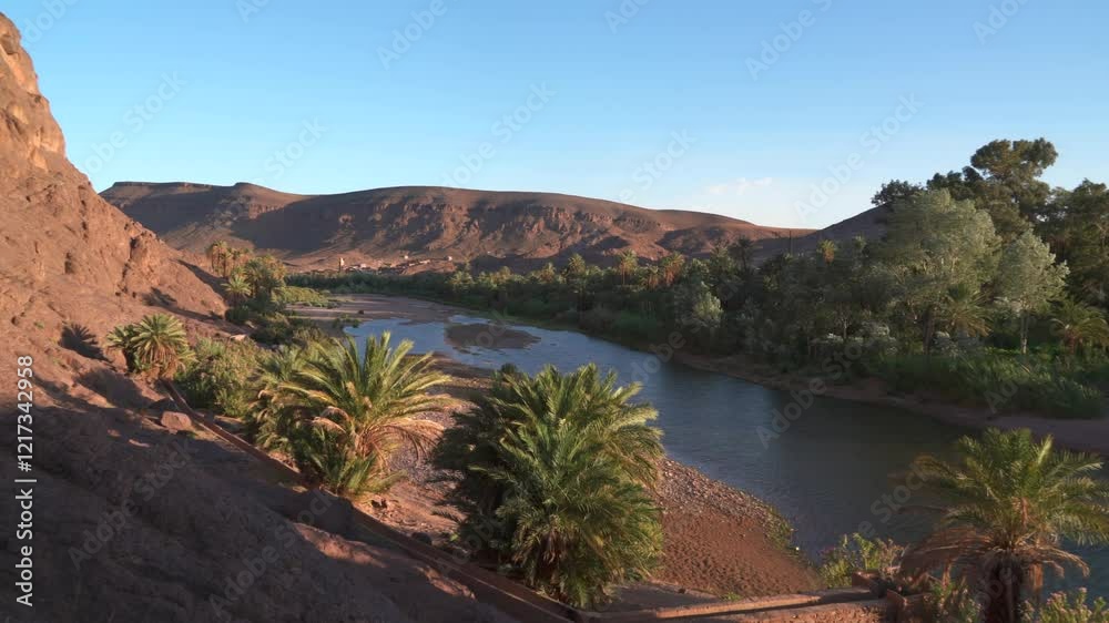 morocco landscape with oasis river and village in mountains morocco landscape with oasis river and village in mountains