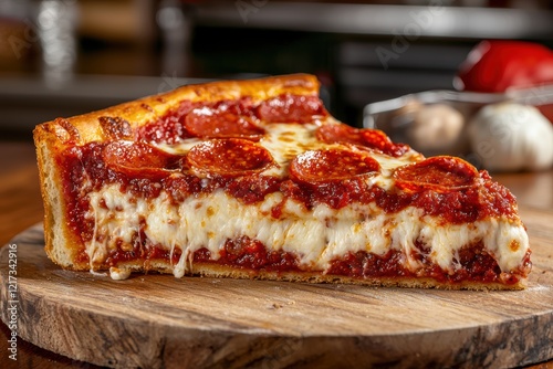 Delicious single slice of deep dish pizza with pepperoni and melted cheese on wooden board photo