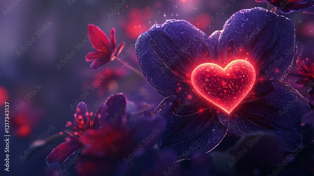 A vibrant heart-shaped glow nestled inside a delicate flower, surrounded by soft petals in a dreamy purple haze. A vibrant heart-shaped glow nestled inside a delicate flower, surrounded by soft petals in a dreamy purple haze.