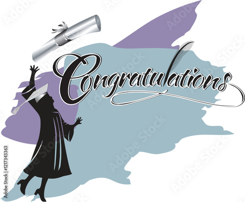 Congratulations typography with a girl or woman stylized graduate silhouette with a diploma thrown in the air.