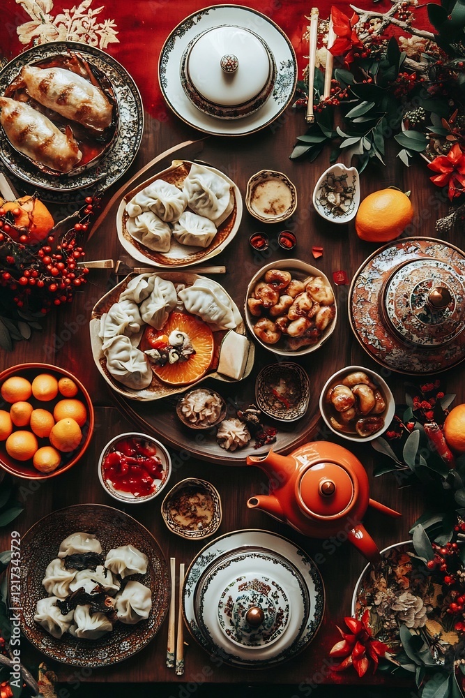 Opulent Chinese New Year Feast Spread on Decorated Table with Citrus Dumplings and Teapot Opulent Chinese New Year Feast Spread on Decorated Table with Citrus Dumplings and Teapot