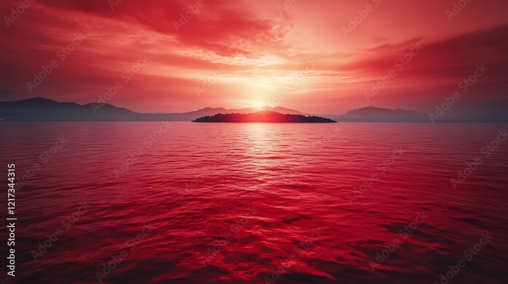Fototapeta premium A breathtaking sunset over a tranquil sea, featuring vibrant red hues reflecting on the water's surface.