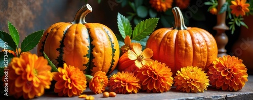 Flores de calabaza y marigold en un altar colorful, decoraci?n, marigold, altares photo