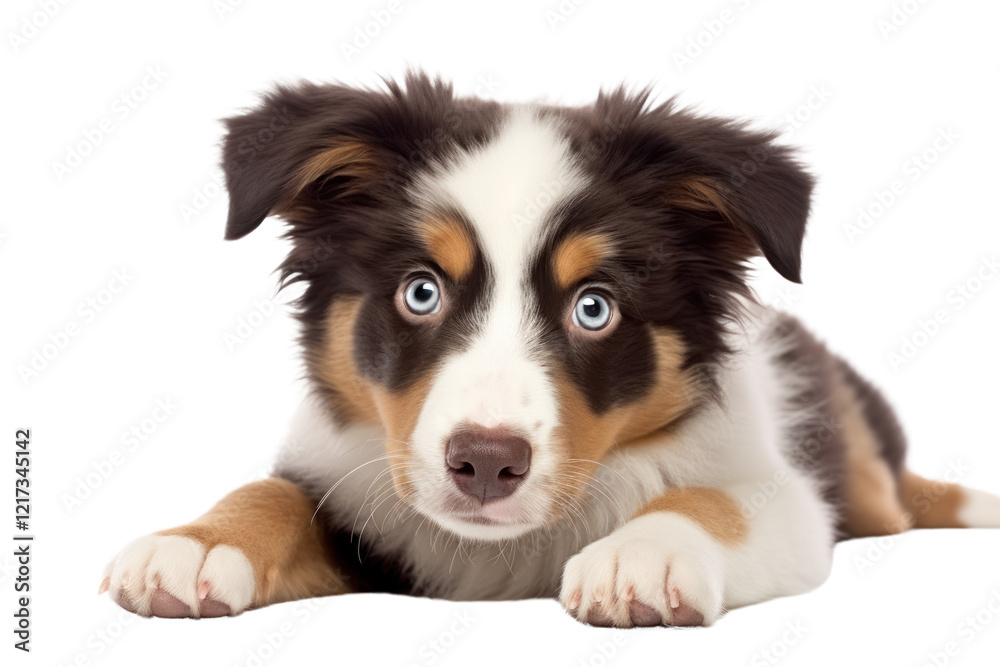 A captivating image of an Australian Shepherd puppy with a soft black and white coat, lying down on a smooth white surface. Its gaze is fixed off-camera, creating a sense of wonder and exploration. A captivating image of an Australian Shepherd puppy with a soft black and white coat, lying down on a smooth white surface. Its gaze is fixed off-camera, creating a sense of wonder and exploration.