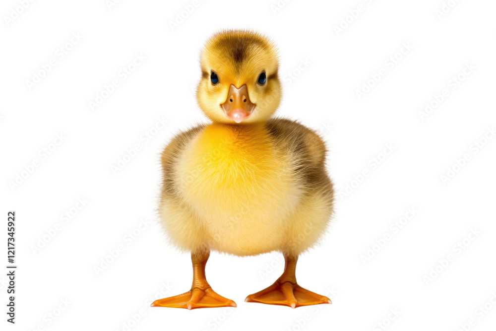 A close-up of a cute yellow duckling with soft downy feathers, standing and facing slightly to the side, looking up with an adorable expression.