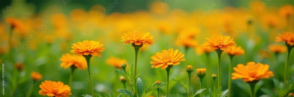 Field of orange calendula flowers amidst summer foliage, greens, field Field of orange calendula flowers amidst summer foliage, greens, field