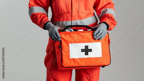 A paramedic holding a first aid kit, wearing an emergency uniform, realistic photography, highresolution, isolated on white background photo