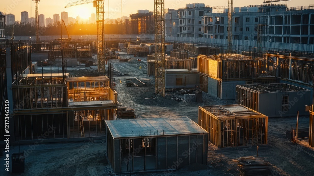 Fototapeta premium Sunset over a large construction site with many buildings under construction.