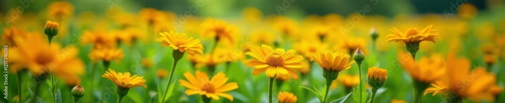 Fototapeta premium Field of orange calendula flowers amidst summer foliage, greens, summer