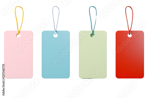 A close-up view of four colorful tags arranged on a white background. The tags are in red, blue, pink, and green, showcasing a minimalist design with a simple hole for string attachment. photo