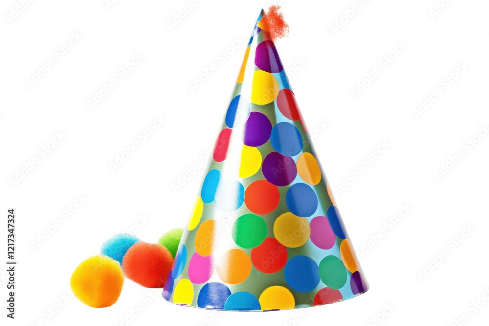 A colorful birthday party hat made of shiny paper, featuring vibrant polka dots and a fluffy pom-pom on top, showcasing a playful design. A colorful birthday party hat made of shiny paper, featuring vibrant polka dots and a fluffy pom-pom on top, showcasing a playful design.
