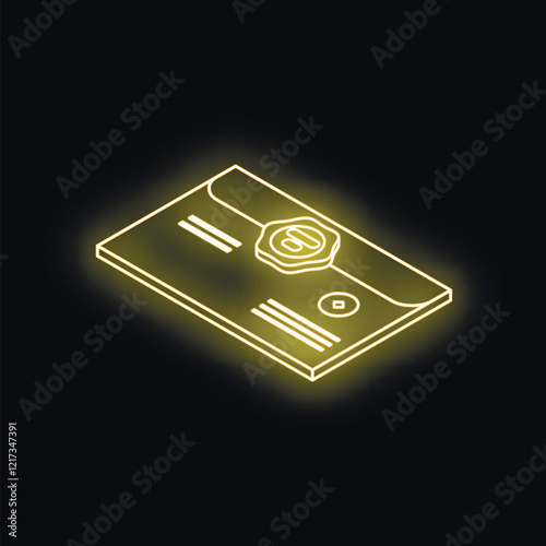 Isometric glowing neon yellow confidential mail with wax seal on black background