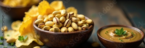 A bowl of pistachios and crispy potato chips with a side of tangy dip, chips, pistachios, bowl photo