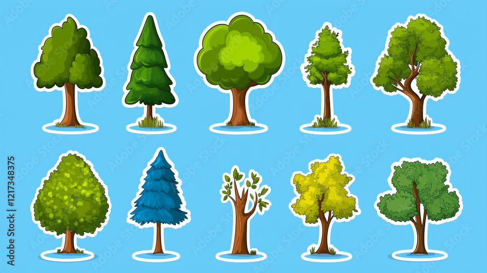 Fototapeta premium Cartoon Tree Collection: A vibrant collection of twelve diverse cartoon trees, each with unique shapes, colors, and styles, perfect for children's illustrations or playful designs. 