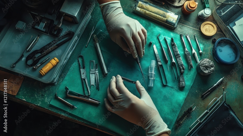 Fototapeta premium Gloved hands meticulously arrange surgical instruments on a table.