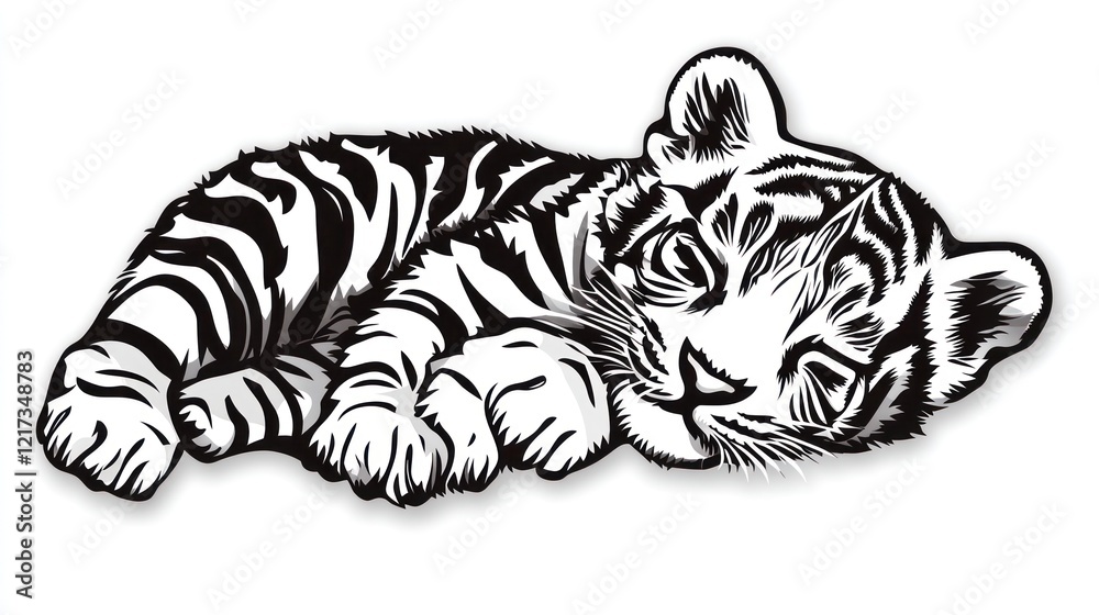 Sleeping tiger cub, monochrome illustration, white background, wildlife art, design element Sleeping tiger cub, monochrome illustration, white background, wildlife art, design element