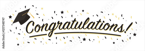 Congratulations! type graduation banner with black type and black graduation cap vector illustration stock illustration