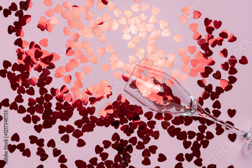 Creative representation of a wineglass spilling shimmering red sequins against a pastel pink backdrop. Ideal for themes of celebration, romance, minimalism, and modern aesthetics valentines