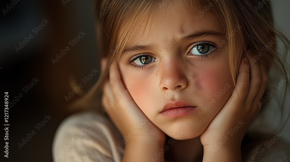 A close-up of a young child with an introspective expression, capturing emotions through their large, captivating eyes. A close-up of a young child with an introspective expression, capturing emotions through their large, captivating eyes.