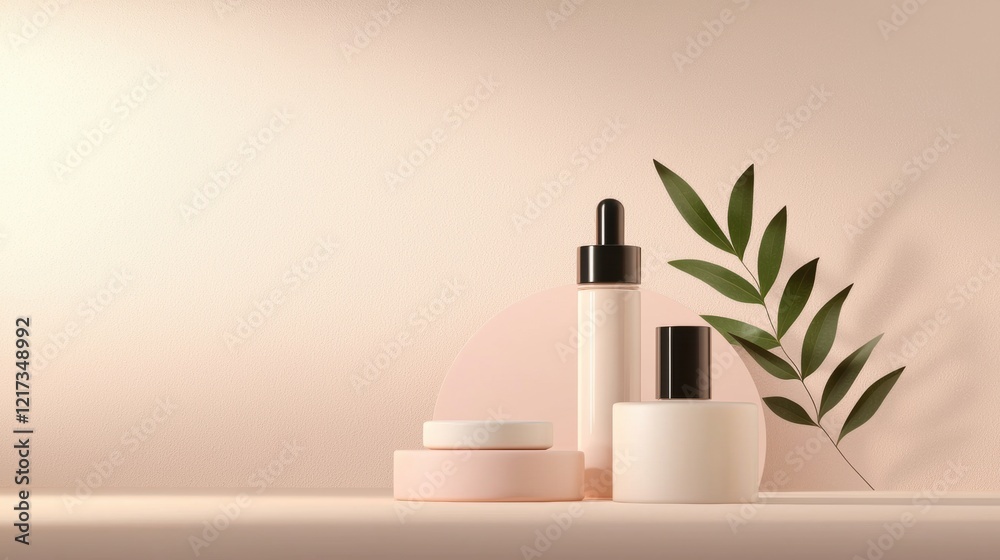 Set of skincare products on a light pink background. on the left side of the image, there is a white bottle with a black pump dispenser and a small white jar with a lid.