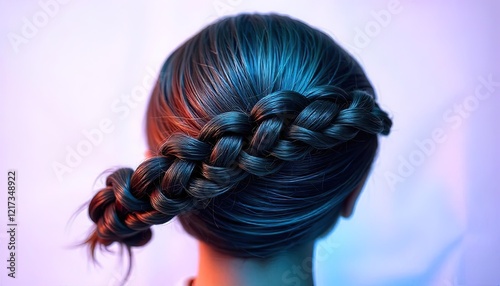 Dark hair braided into a low side bun photo