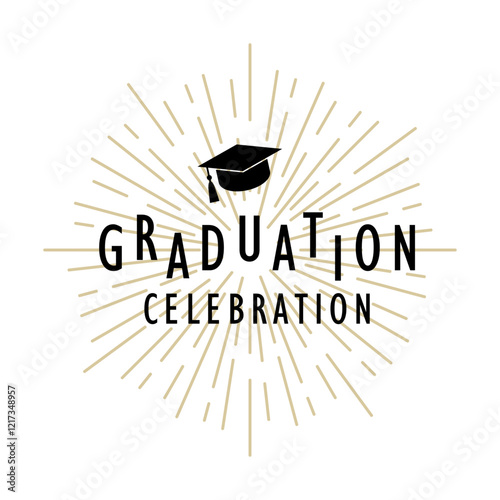 Graduation Celebration graduation logo with black staggered stylish type and graduation cap over yellow gold sun rays background stock illustration