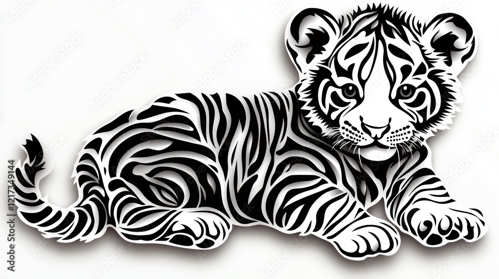Fototapeta premium Tiger cub lying down, no background. Stock for illustration