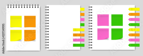 Mockup of a white notebook with spiral and stickers. Stick in notes. Green, yellow, pink and orange colors. Tag, sticky note. Pointed bookmarks	
