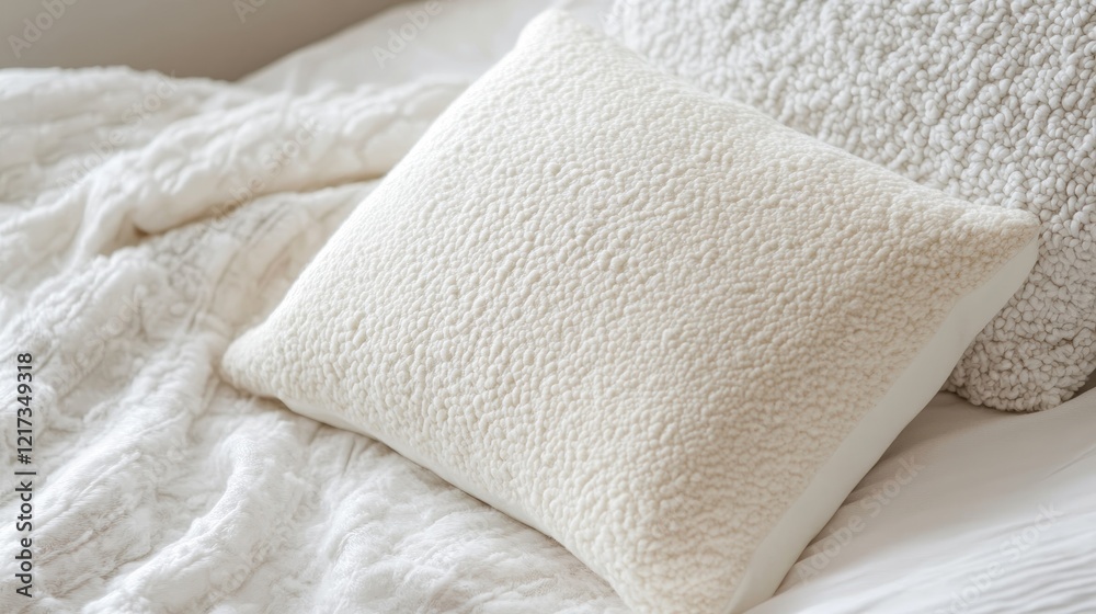 Cozy White Pillow on Soft Blanket in Bedroom Cozy White Pillow on Soft Blanket in Bedroom