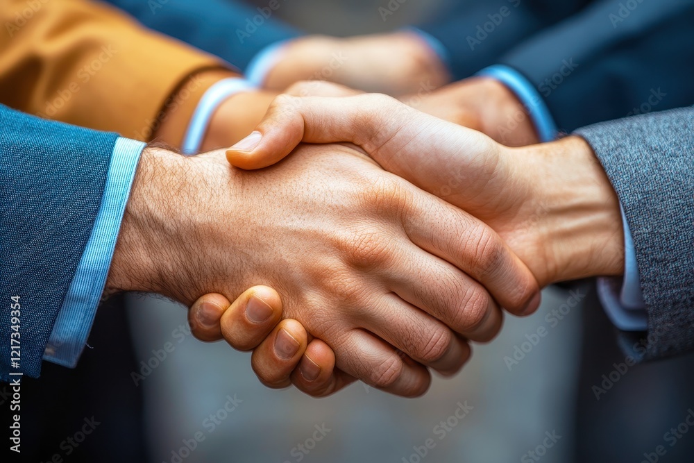 Obraz premium The Deal Closed: A close-up shot depicts two businessmen shaking hands, signifying a successful business deal or partnership. The image focuses on the firm grip and connection.