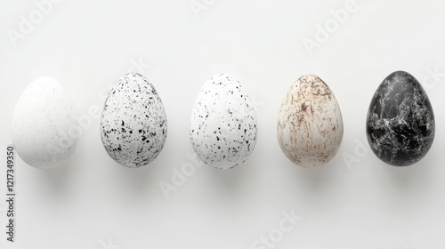 A row of five eggs showcases diverse speckled and marbled patterns, ranging from white to black hues on a neutral backdrop. photo