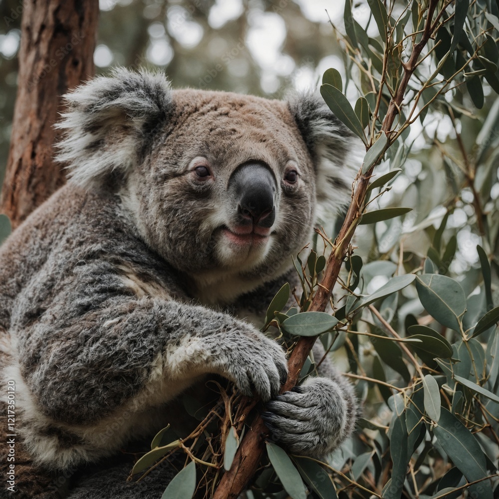 Obraz premium A sleepy koala hugging a eucalyptus branch.