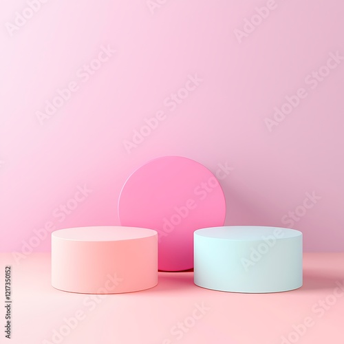 product podium display Pastel-colored round displays on a soft pink background, ideal for product presentations. photo