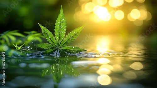 Calming Waters Embracing a Cannabis Leaf Amidst Verdant Foliage and Gentle Sunlight, 緑茂る葉と柔らかな日差しの中で安らぎをもたらす水面に浮かぶ大麻の葉.Generative AI photo