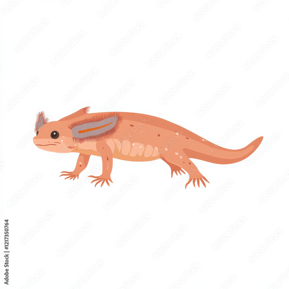 Orange axolotl with feathery gills, side profile. Orange axolotl with feathery gills, side profile.