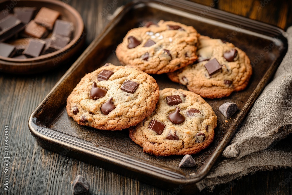 Freshly Baked Chocolate Chip Cookies on a Rustic Wooden Table with Dark Chocolate Pieces and Cozy Kitchen Atmosphere Freshly Baked Chocolate Chip Cookies on a Rustic Wooden Table with Dark Chocolate Pieces and Cozy Kitchen Atmosphere