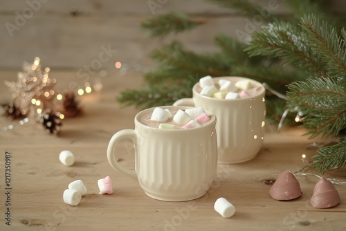 Wallpaper Mural Cups of hot chocolate with marshmallows, tree branches and Christmas decoration on a wooden background. celebration,cup,drink Torontodigital.ca