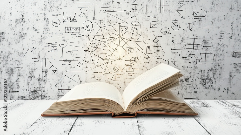 Fototapeta premium An open book glowing with levitating Venn diagrams, geometric nets, and algebraic formulas on a clean white backdrop