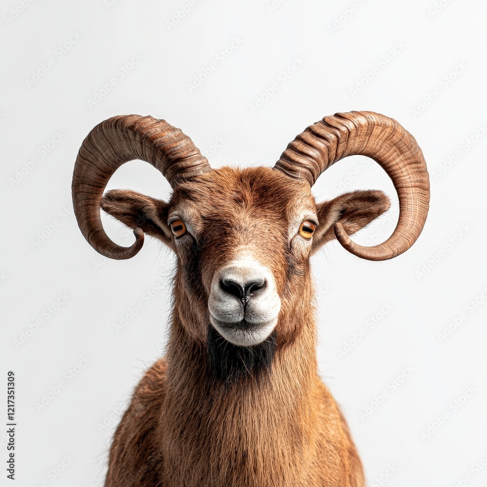 Isolated ram and markhor with twisted horns on a white background for wildlife and nature themes Isolated ram and markhor with twisted horns on a white background for wildlife and nature themes