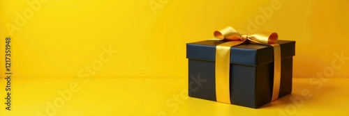 Golden ribbon tied around a simple black gift box placed on a yellow shelf, box, present shelf
