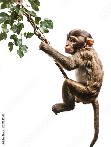 Young Monkey Climbing Tree Branch in Lush Green Environment
