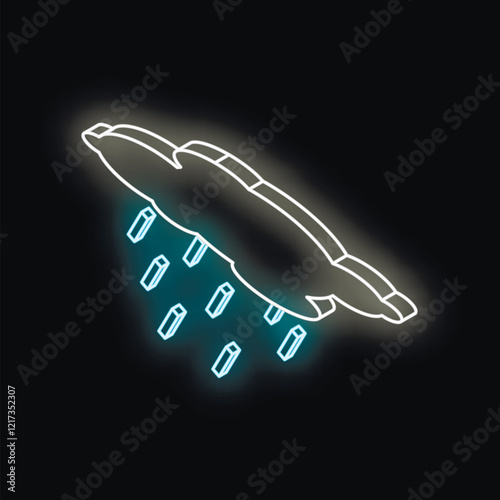 Isometric view of white neon cloud pouring glowing blue rain on black background, weather forecast concept